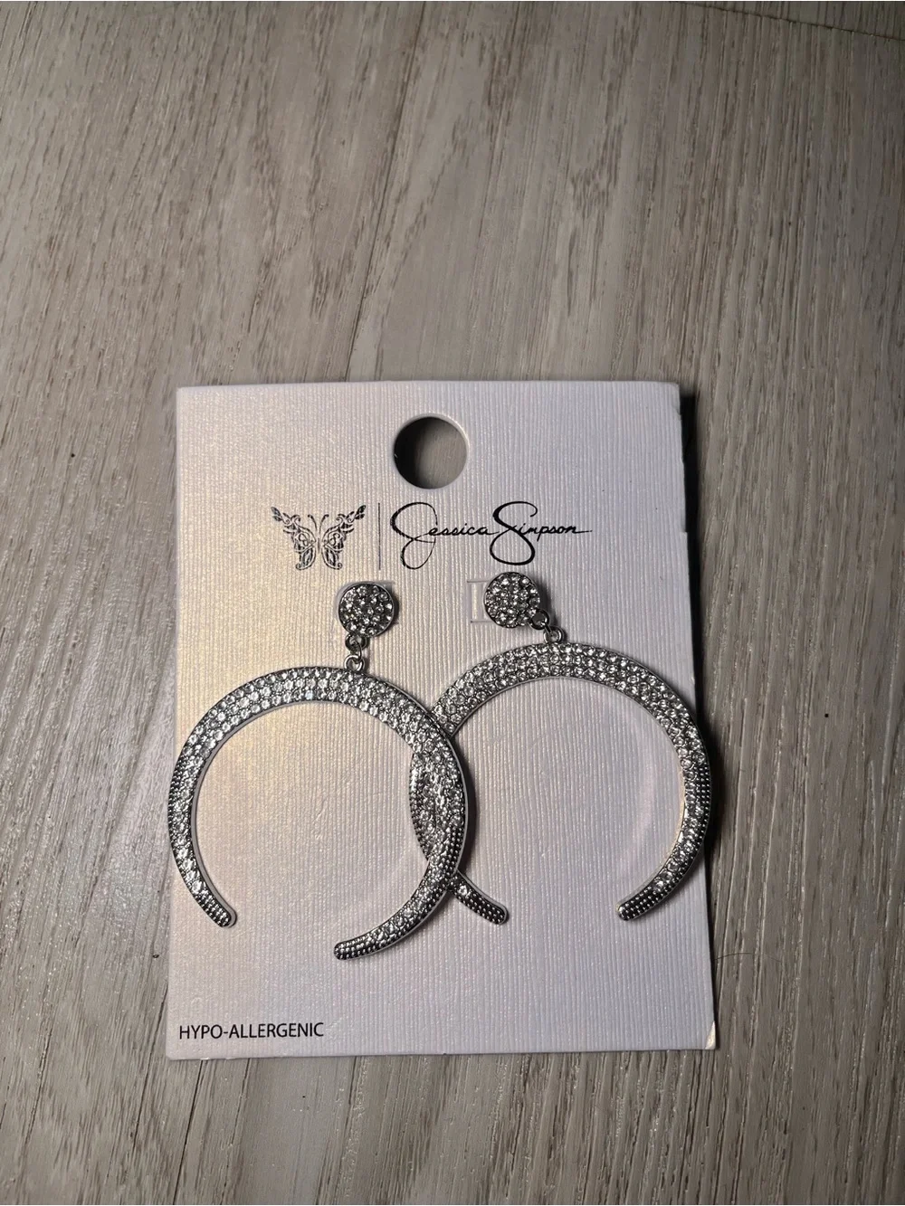 NWT! Jessica Simpson Rhodium-Tone Pave Crescent Hoop Earrings